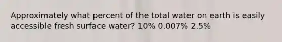 Approximately what percent of the total water on earth is easily accessible fresh surface water? 10% 0.007% 2.5%