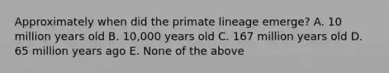 Approximately when did the primate lineage emerge? A. 10 million years old B. 10,000 years old C. 167 million years old D. 65 million years ago E. None of the above