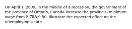 On April 1, 2009, in the middle of a recession, the government of the province of Ontario, Canada increase the provincial minimum wage from 8.75 to9.50. Illustrate the expected effect on the unemployment rate