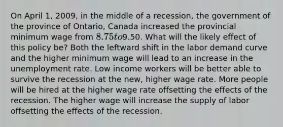 On April 1, 2009, in the middle of a recession, the government of the province of Ontario, Canada increased the provincial minimum wage from 8.75 to9.50. What will the likely effect of this policy be? Both the leftward shift in the labor demand curve and the higher minimum wage will lead to an increase in the unemployment rate. Low income workers will be better able to survive the recession at the new, higher wage rate. More people will be hired at the higher wage rate offsetting the effects of the recession. The higher wage will increase the supply of labor offsetting the effects of the recession.