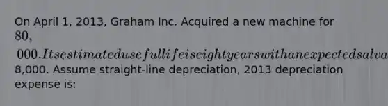 On April 1, 2013, Graham Inc. Acquired a new machine for 80,000. Its estimated useful life is eight years with an expected salvage of8,000. Assume straight-line depreciation, 2013 depreciation expense is: