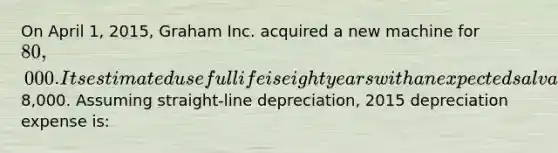 On April 1, 2015, Graham Inc. acquired a new machine for 80,000. Its estimated useful life is eight years with an expected salvage value of8,000. Assuming straight-line depreciation, 2015 depreciation expense is: