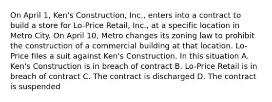 On April 1, Ken's Construction, Inc., enters into a contract to build a store for Lo-Price Retail, Inc., at a specific location in Metro City. On April 10, Metro changes its zoning law to prohibit the construction of a commercial building at that location. Lo-Price files a suit against Ken's Construction. In this situation A. Ken's Construction is in breach of contract B. Lo-Price Retail is in breach of contract C. The contract is discharged D. The contract is suspended