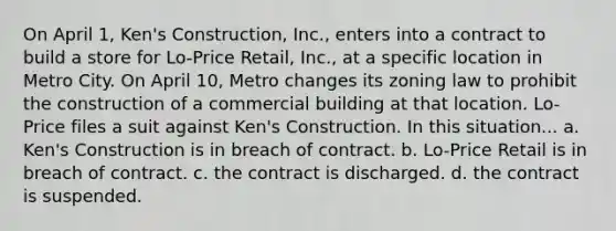 On April 1, Ken's Construction, Inc., enters into a contract to build a store for Lo-Price Retail, Inc., at a specific location in Metro City. On April 10, Metro changes its zoning law to prohibit the construction of a commercial building at that location. Lo-Price files a suit against Ken's Construction. In this situation... a. Ken's Construction is in breach of contract. b. Lo-Price Retail is in breach of contract. c. the contract is discharged. d. the contract is suspended.