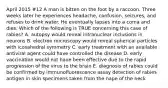 April 2015 #12 A man is bitten on the foot by a raccoon. Three weeks later he experiences headache, confusion, seizures, and refuses to drink water. He eventually lapses into a coma and dies. Which of the following is TRUE concerning this case of rabies? A. autopsy would reveal intranuclear inclusions in neurons B. electron microscopy would reveal spherical particles with icosahedral symmetry C. early treatment with an available antiviral agent could have controlled the disease D. early vaccination would not have been effective due to the rapid progression of the virus to the brain E. diagnosis of rabies could be confirmed by immunofluorescence assay detection of rabies antigen in skin specimens taken from the nape of the neck