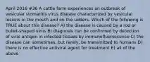 April 2016 #36 A cattle farm experiences an outbreak of vesicular stomatitis virus disease characterized by vesicular lesions in the mouth and on the udders. Which of the following is TRUE about this disease? A) the disease is caused by a rod or bullet-shaped virus B) diagnosis can be confirmed by detection of viral antigen in infected tissues by immunofluorescence C) the disease can sometimes, but rarely, be transmitted to humans D) there is no effective antiviral agent for treatment E) all of the above