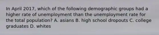 In April​ 2017, which of the following demographic groups had a higher rate of unemployment than the unemployment rate for the total​ population? A. asians B. high school dropouts C. college graduates D. whites