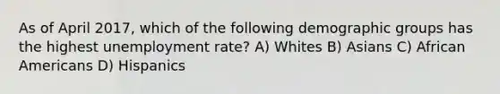 As of April 2017, which of the following demographic groups has the highest unemployment rate? A) Whites B) Asians C) African Americans D) Hispanics