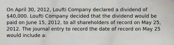 On April 30, 2012, Loufti Company declared a dividend of 40,000. Loufti Company decided that the dividend would be paid on June 15, 2012, to all shareholders of record on May 25, 2012. The journal entry to record the date of record on May 25 would include a: