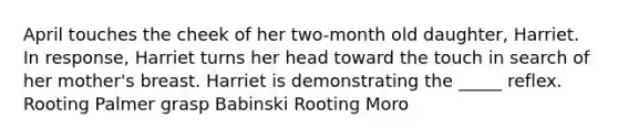 April touches the cheek of her two-month old daughter, Harriet. In response, Harriet turns her head toward the touch in search of her mother's breast. Harriet is demonstrating the _____ reflex. Rooting Palmer grasp Babinski Rooting Moro