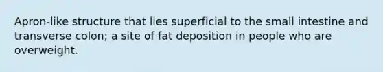 Apron-like structure that lies superficial to the small intestine and transverse colon; a site of fat deposition in people who are overweight.