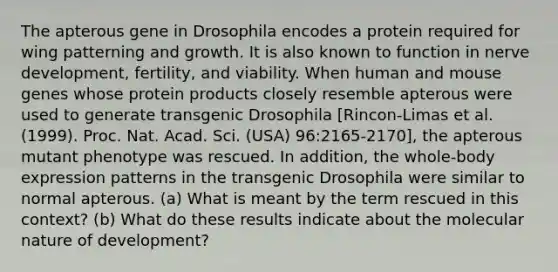 The apterous gene in Drosophila encodes a protein required for wing patterning and growth. It is also known to function in nerve development, fertility, and viability. When human and mouse genes whose protein products closely resemble apterous were used to generate transgenic Drosophila [Rincon-Limas et al. (1999). Proc. Nat. Acad. Sci. (USA) 96:2165-2170], the apterous mutant phenotype was rescued. In addition, the whole-body expression patterns in the transgenic Drosophila were similar to normal apterous. (a) What is meant by the term rescued in this context? (b) What do these results indicate about the molecular nature of development?