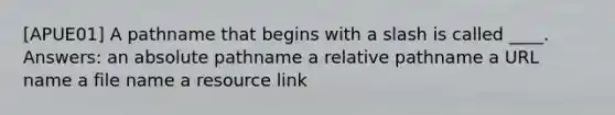 [APUE01] A pathname that begins with a slash is called ____. Answers: an absolute pathname a relative pathname a URL name a file name a resource link