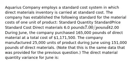 Aquarius Company employs a standard cost system in which direct materials inventory is carried at standard cost. The company has established the following standard for the material costs of one unit of product: Standard Quantity StandardPrice Standard Cost Direct materials 6.0 pounds7.00/pound42.00 During June, the company purchased 165,000 pounds of direct material at a total cost of 1,171,500. The company manufactured 25,000 units of product during June using 151,000 pounds of direct materials. (Note that this is the same data that was provided for the previous question.) The direct material quantity variance for June is: