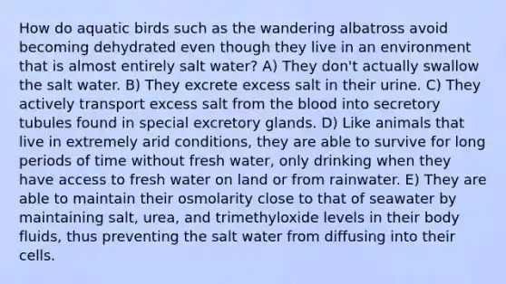 How do aquatic birds such as the wandering albatross avoid becoming dehydrated even though they live in an environment that is almost entirely salt water? A) They don't actually swallow the salt water. B) They excrete excess salt in their urine. C) They actively transport excess salt from the blood into secretory tubules found in special excretory glands. D) Like animals that live in extremely arid conditions, they are able to survive for long periods of time without fresh water, only drinking when they have access to fresh water on land or from rainwater. E) They are able to maintain their osmolarity close to that of seawater by maintaining salt, urea, and trimethyloxide levels in their body fluids, thus preventing the salt water from diffusing into their cells.