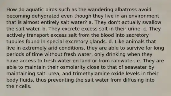 How do aquatic birds such as the wandering albatross avoid becoming dehydrated even though they live in an environment that is almost entirely salt water? a. They don't actually swallow the salt water. b. They excrete excess salt in their urine. c. They actively transport excess salt from the blood into secretory tubules found in special excretory glands. d. Like animals that live in extremely arid conditions, they are able to survive for long periods of time without fresh water, only drinking when they have access to fresh water on land or from rainwater. e. They are able to maintain their osmolarity close to that of seawater by maintaining salt, urea, and trimethylamine oxide levels in their body fluids, thus preventing the salt water from diffusing into their cells.