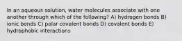 In an aqueous solution, water molecules associate with one another through which of the following? A) hydrogen bonds B) ionic bonds C) polar covalent bonds D) covalent bonds E) hydrophobic interactions