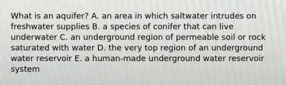 What is an aquifer? A. an area in which saltwater intrudes on freshwater supplies B. a species of conifer that can live underwater C. an underground region of permeable soil or rock saturated with water D. the very top region of an underground water reservoir E. a human-made underground water reservoir system