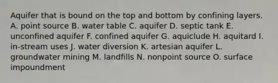 Aquifer that is bound on the top and bottom by confining layers. A. point source B. water table C. aquifer D. septic tank E. unconfined aquifer F. confined aquifer G. aquiclude H. aquitard I. in-stream uses J. water diversion K. artesian aquifer L. groundwater mining M. landfills N. nonpoint source O. surface impoundment