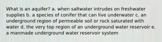 What is an aquifer? a. when saltwater intrudes on freshwater supplies b. a species of conifer that can live underwater c. an underground region of permeable soil or rock saturated with water d. the very top region of an underground water reservoir e. a manmade underground water reservoir system