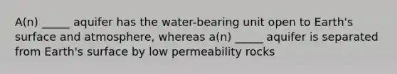 A(n) _____ aquifer has the water-bearing unit open to Earth's surface and atmosphere, whereas a(n) _____ aquifer is separated from Earth's surface by low permeability rocks