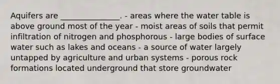 Aquifers are _______________. - areas where the water table is above ground most of the year - moist areas of soils that permit infiltration of nitrogen and phosphorous - large bodies of surface water such as lakes and oceans - a source of water largely untapped by agriculture and urban systems - porous rock formations located underground that store groundwater