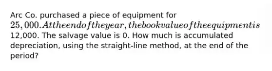 Arc Co. purchased a piece of equipment for 25,000. At the end of the year, the book value of the equipment is12,000. The salvage value is 0. How much is accumulated depreciation, using the straight-line method, at the end of the period?