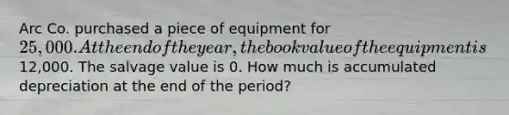 Arc Co. purchased a piece of equipment for 25,000. At the end of the year, the book value of the equipment is12,000. The salvage value is 0. How much is accumulated depreciation at the end of the period?