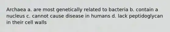 Archaea a. are most genetically related to bacteria b. contain a nucleus c. cannot cause disease in humans d. lack peptidoglycan in their cell walls