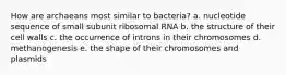 How are archaeans most similar to bacteria? a. nucleotide sequence of small subunit ribosomal RNA b. the structure of their cell walls c. the occurrence of introns in their chromosomes d. methanogenesis e. the shape of their chromosomes and plasmids