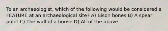 To an archaeologist, which of the following would be considered a FEATURE at an archaeological site? A) Bison bones B) A spear point C) The wall of a house D) All of the above