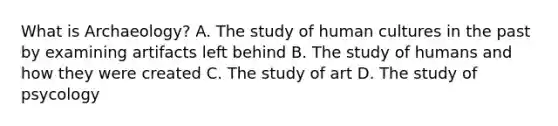 What is Archaeology? A. The study of human cultures in the past by examining artifacts left behind B. The study of humans and how they were created C. The study of art D. The study of psycology