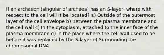 If an archaeon (singular of archaea) has an S-layer, where with respect to the cell will it be located? a) Outside of the outermost layer of the cell envelope b) Between the plasma membrane and the cell wall c) In the cytoplasm, attached to the inner face of the plasma membrane d) In the place where the cell wall used to be before it was replaced by the S-layer e) Surrounding the chromosomal DNA