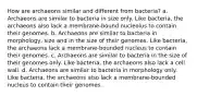 How are archaeons similar and different from bacteria? a. Archaeons are similar to bacteria in size only. Like bacteria, the archaeons also lack a membrane-bound nucleolus to contain their genomes. b. Archaeons are similar to bacteria in morphology, size and in the size of their genomes. Like bacteria, the archaeons lack a membrane-bounded nucleus to contain their genomes. c. Archaeons are similar to bacteria in the size of their genomes only. Like bacteria, the archaeons also lack a cell wall. d. Archaeons are similar to bacteria in morphology only. Like bacteria, the archaeons also lack a membrane-bounded nucleus to contain their genomes.