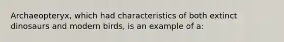 Archaeopteryx, which had characteristics of both extinct dinosaurs and modern birds, is an example of a: