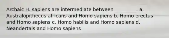 Archaic H. sapiens are intermediate between _________. a. Australopithecus africans and Homo sapiens b. Homo erectus and Homo sapiens c. Homo habilis and Homo sapiens d. Neandertals and Homo sapiens