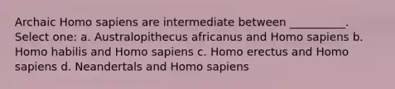 Archaic Homo sapiens are intermediate between __________. Select one: a. Australopithecus africanus and Homo sapiens b. Homo habilis and Homo sapiens c. Homo erectus and Homo sapiens d. Neandertals and Homo sapiens