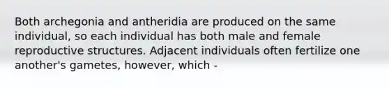 Both archegonia and antheridia are produced on the same individual, so each individual has both male and female reproductive structures. Adjacent individuals often fertilize one another's gametes, however, which -