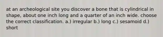 at an archeological site you discover a bone that is cylindrical in shape, about one inch long and a quarter of an inch wide. choose the correct classification. a.) irregular b.) long c.) sesamoid d.) short