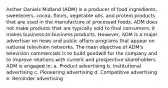 Archer Daniels Midland (ADM) is a producer of food ingredients, sweeteners, cocoa, flours, vegetable oils, and protein products that are used in the manufacture of processed foods. ADM does not make products that are typically sold to final consumers; it makes business-to-business products. However, ADM is a major advertiser on news and public affairs programs that appear on national television networks. The main objective of ADM's television commercials is to build goodwill for the company and to improve relations with current and prospective shareholders. ADM is engaged in: a. Product advertising b. Institutional advertising c. Pioneering advertising d. Competitive advertising e. Reminder advertising