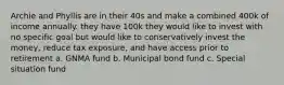 Archie and Phyllis are in their 40s and make a combined 400k of income annually. they have 100k they would like to invest with no specific goal but would like to conservatively invest the money, reduce tax exposure, and have access prior to retirement a. GNMA fund b. Municipal bond fund c. Special situation fund