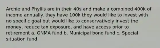 Archie and Phyllis are in their 40s and make a combined 400k of income annually. they have 100k they would like to invest with no specific goal but would like to conservatively invest the money, reduce tax exposure, and have access prior to retirement a. GNMA fund b. Municipal bond fund c. Special situation fund