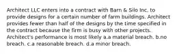 Architect LLC enters into a contract with Barn & Silo Inc. to provide designs for a certain number of farm buildings. Architect provides fewer than half of the designs by the time specified in the contract because the firm is busy with other projects. Architect's performance is most likely a.a material breach. b.no breach. c.a reasonable breach. d.a minor breach.