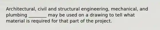 Architectural, civil and structural engineering, mechanical, and plumbing ________ may be used on a drawing to tell what material is required for that part of the project.