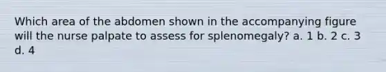 Which area of the abdomen shown in the accompanying figure will the nurse palpate to assess for splenomegaly? a. 1 b. 2 c. 3 d. 4