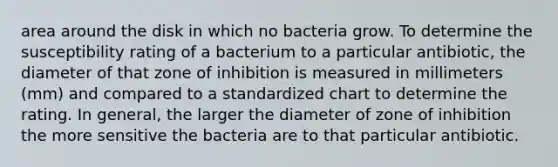 area around the disk in which no bacteria grow. To determine the susceptibility rating of a bacterium to a particular antibiotic, the diameter of that zone of inhibition is measured in millimeters (mm) and compared to a standardized chart to determine the rating. In general, the larger the diameter of zone of inhibition the more sensitive the bacteria are to that particular antibiotic.