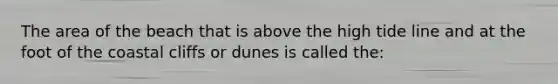 The area of the beach that is above the high tide line and at the foot of the coastal cliffs or dunes is called the: