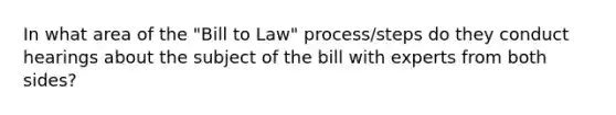 In what area of the "Bill to Law" process/steps do they conduct hearings about the subject of the bill with experts from both sides?