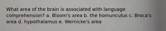 What area of <a href='https://www.questionai.com/knowledge/kLMtJeqKp6-the-brain' class='anchor-knowledge'>the brain</a> is associated with language comprehension? a. Bloom's area b. the homunculus c. Broca's area d. hypothalamus e. Wernicke's area