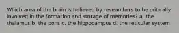 Which area of the brain is believed by researchers to be critically involved in the formation and storage of memories? a. the thalamus b. the pons c. the hippocampus d. the reticular system